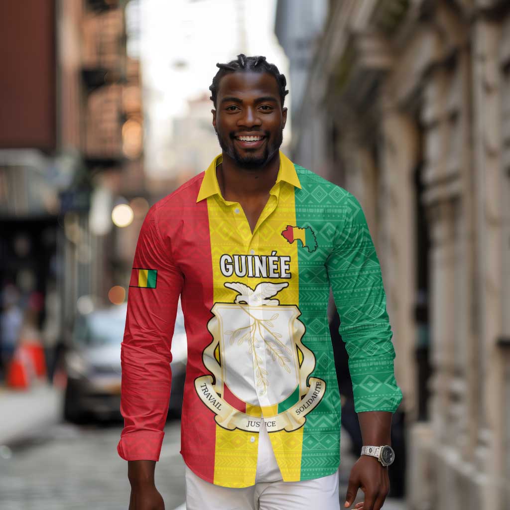 Personalised Afro Guinea Long Sleeve Button Shirt Coat Of Arms Flag Style