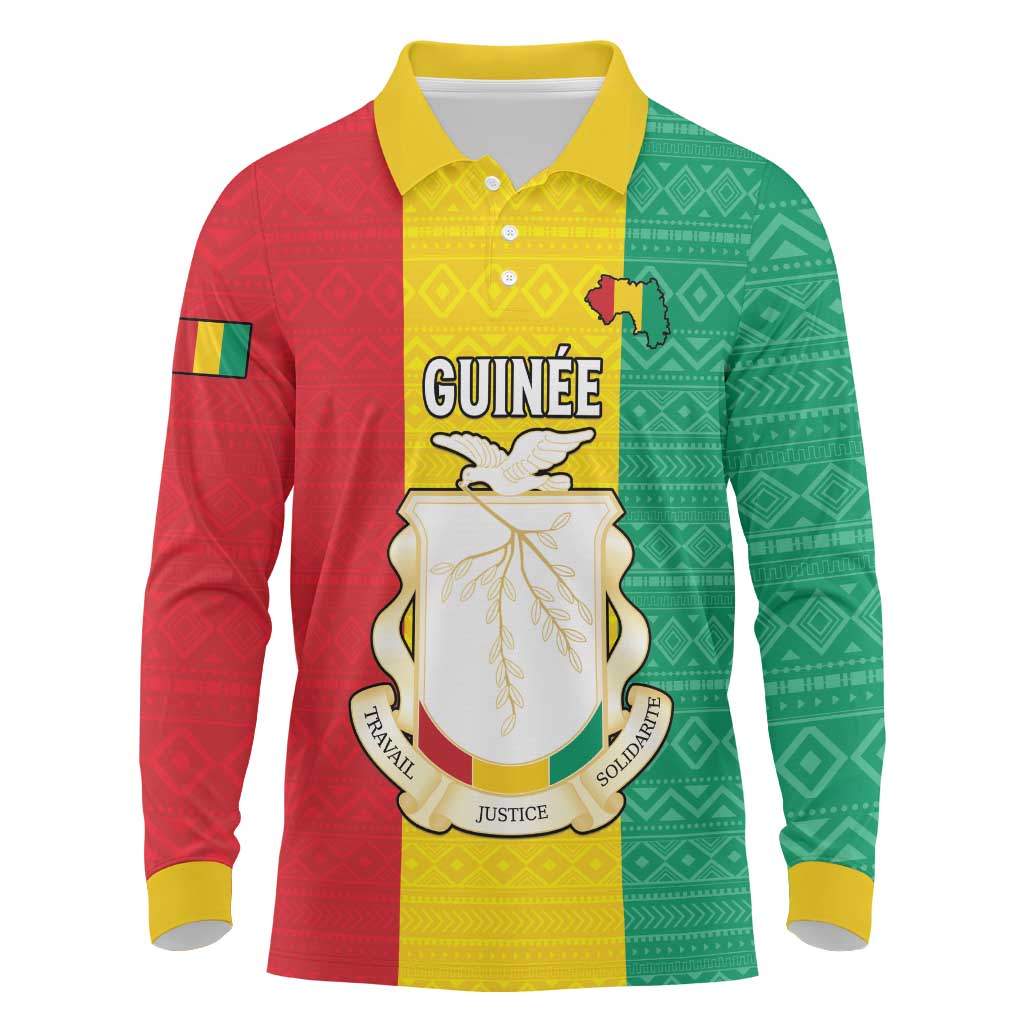 Personalised Afro Guinea Long Sleeve Polo Shirt Coat Of Arms Flag Style