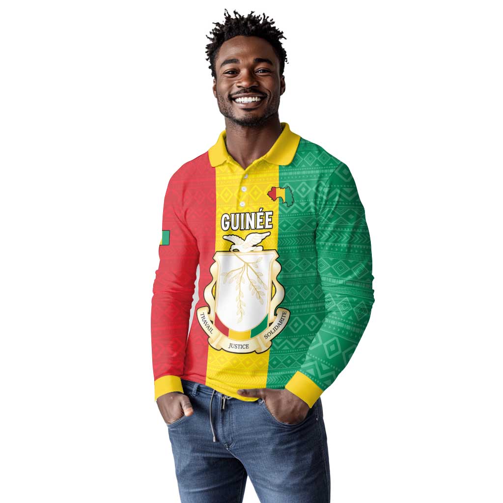 Personalised Afro Guinea Long Sleeve Polo Shirt Coat Of Arms Flag Style