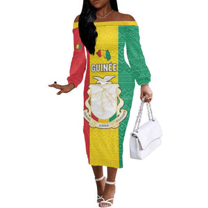 Personalised Afro Guinea Off The Shoulder Long Sleeve Dress Coat Of Arms Flag Style