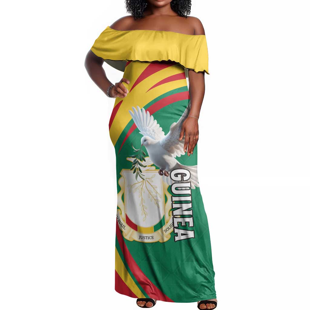 Guinea Off Shoulder Maxi Dress Coat Of Arms With Pigeon - Kente Pattern