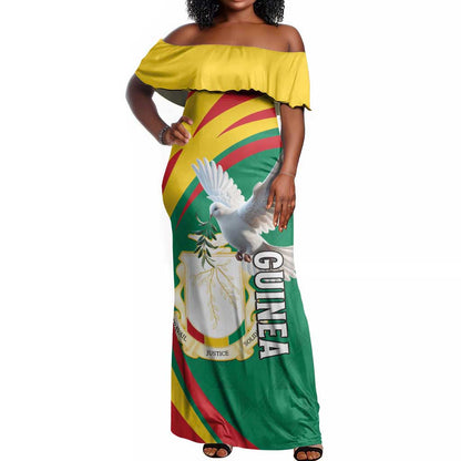 Guinea Off Shoulder Maxi Dress Coat Of Arms With Pigeon - Kente Pattern