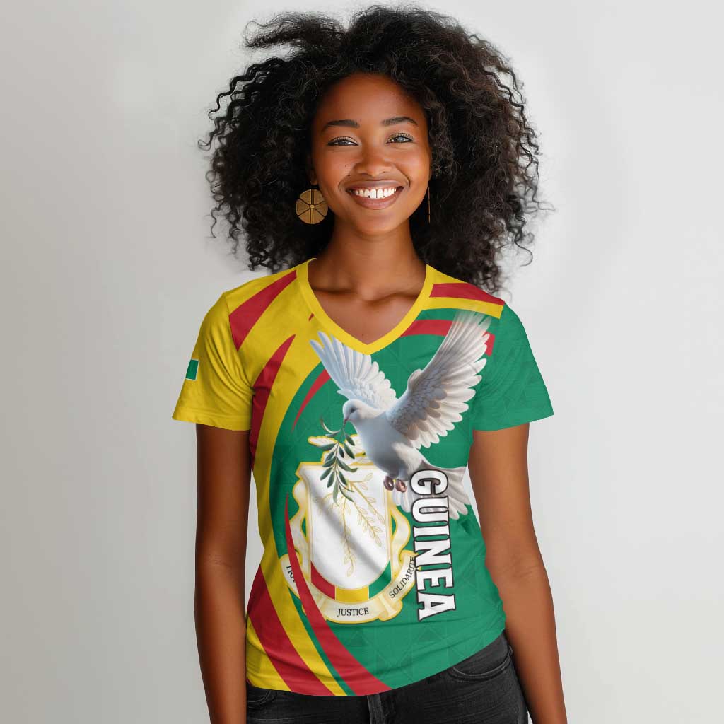 Guinea Women V-Neck T-Shirt Coat Of Arms With Pigeon - Kente Pattern