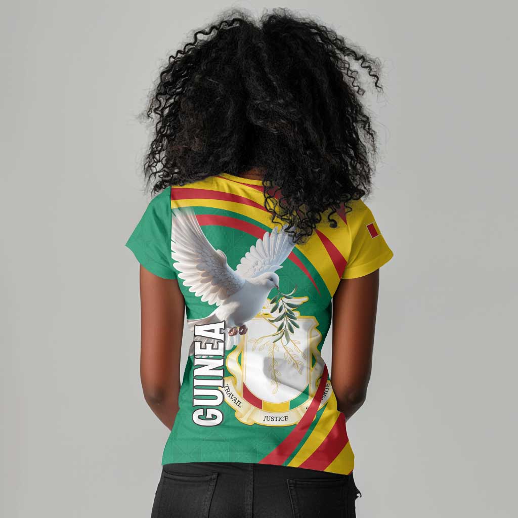 Guinea Women V-Neck T-Shirt Coat Of Arms With Pigeon - Kente Pattern
