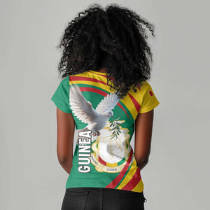 Guinea Women V-Neck T-Shirt Coat Of Arms With Pigeon - Kente Pattern
