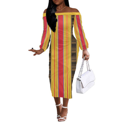 Eritrea Traditional Saho Mix Tilet Pattern Off The Shoulder Long Sleeve Dress
