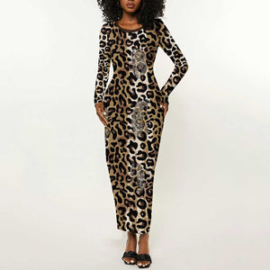 African Leopard Skin Pattern Long Sleeve Bodycon Dress LT15