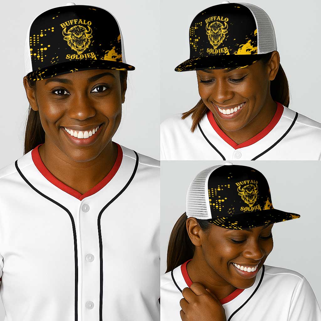 Personalized African-American Heroes Baseball Net Cap Bison Buffalo Soldiers - Black Grunge Style - African Pride