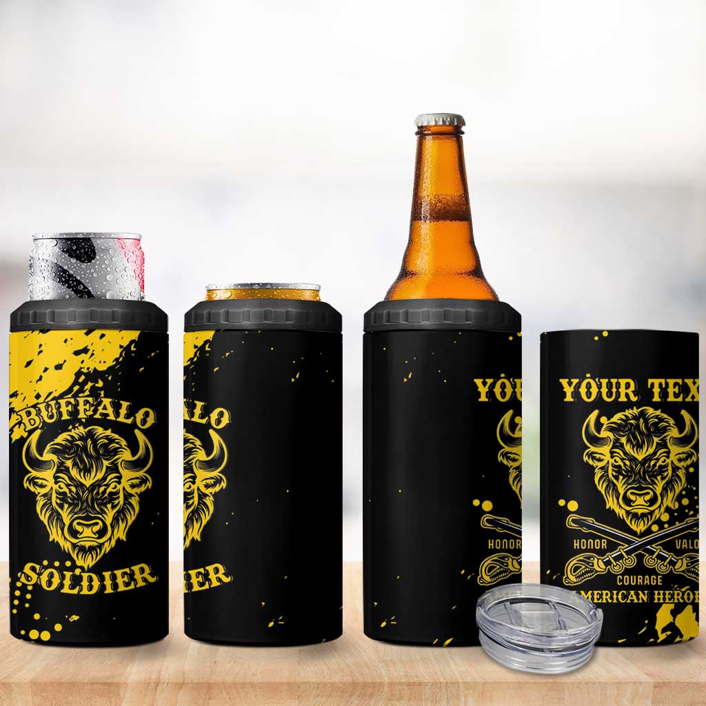 Personalized African-American Heroes 4 in 1 Can Cooler Tumbler Bison Buffalo Soldiers - Black Grunge Style - African Pride