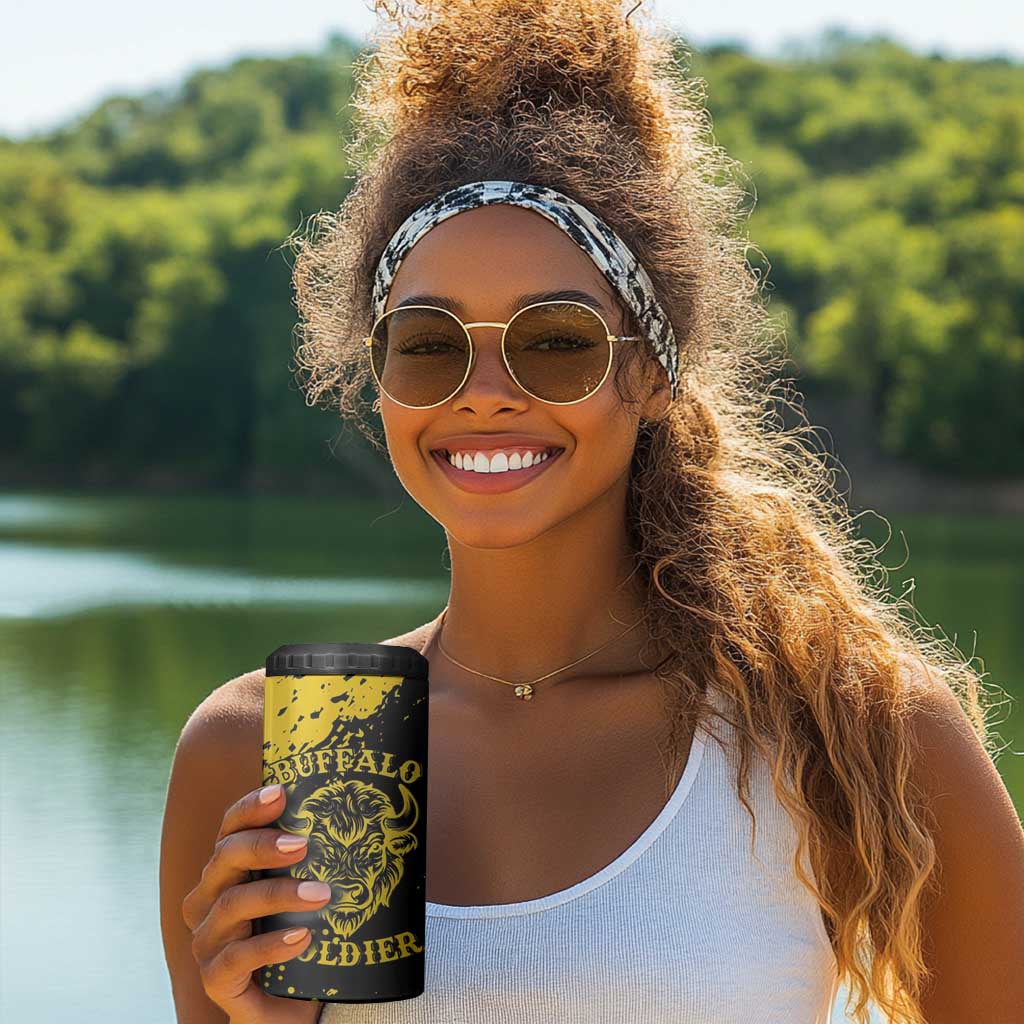 Personalized African-American Heroes 4 in 1 Can Cooler Tumbler Bison Buffalo Soldiers - Black Grunge Style - African Pride