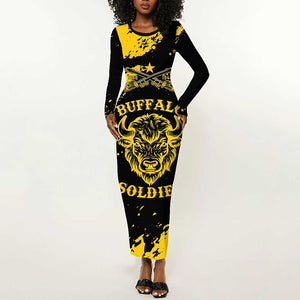 Personalized African-American Heroes Long Sleeve Bodycon Dress Bison Buffalo Soldiers - Black Grunge Style - African Pride