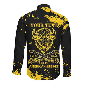 Personalized African-American Heroes Long Sleeve Button Shirt Bison Buffalo Soldiers - Black Grunge Style - African Pride