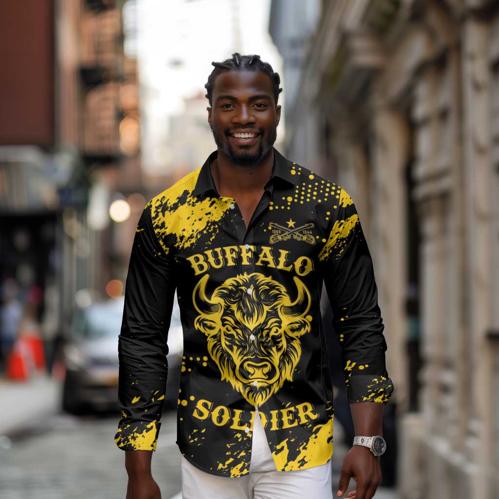 Personalized African-American Heroes Long Sleeve Button Shirt Bison Buffalo Soldiers - Black Grunge Style - African Pride