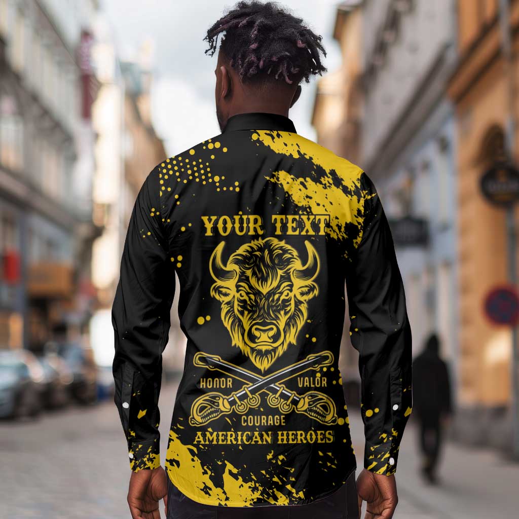 Personalized African-American Heroes Long Sleeve Button Shirt Bison Buffalo Soldiers - Black Grunge Style - African Pride