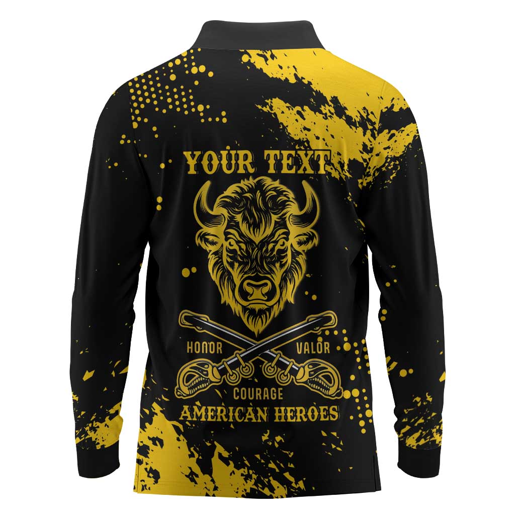 Personalized African-American Heroes Long Sleeve Polo Shirt Bison Buffalo Soldiers - Black Grunge Style - African Pride