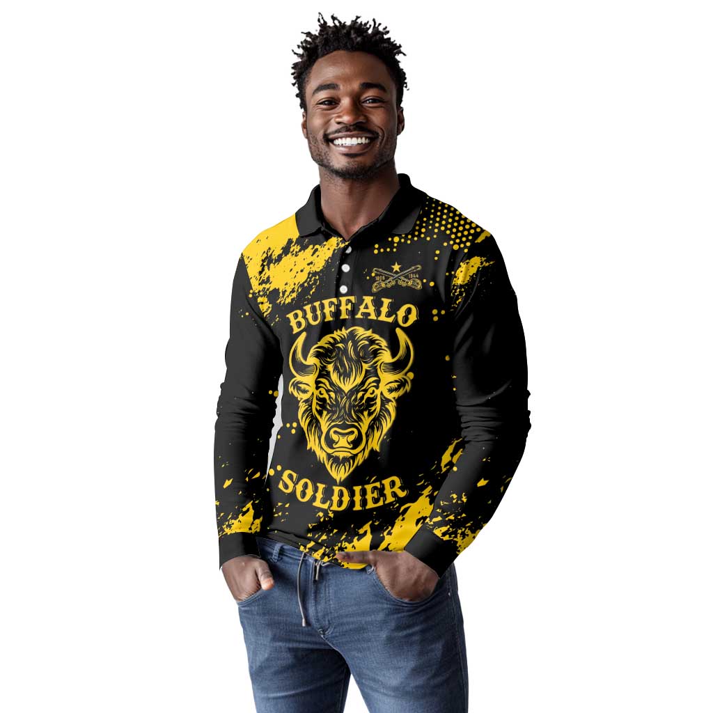 Personalized African-American Heroes Long Sleeve Polo Shirt Bison Buffalo Soldiers - Black Grunge Style - African Pride