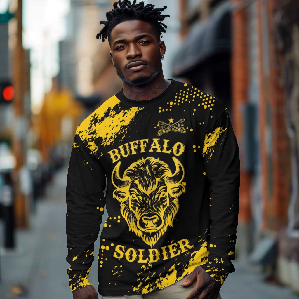 Personalized African-American Heroes Long Sleeve Shirt Bison Buffalo Soldiers - Black Grunge Style - African Pride