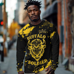 Personalized African-American Heroes Long Sleeve Shirt Bison Buffalo Soldiers - Black Grunge Style - African Pride