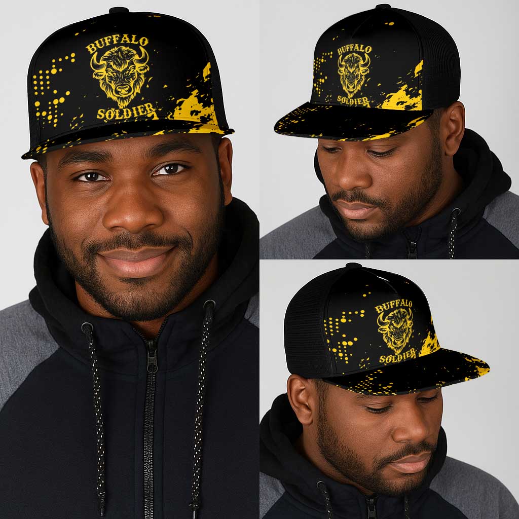 Personalized African-American Heroes Mesh Trucker Cap Bison Buffalo Soldiers - Black Grunge Style - African Pride