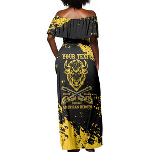 Personalized African-American Heroes Off Shoulder Maxi Dress Bison Buffalo Soldiers - Black Grunge Style - African Pride
