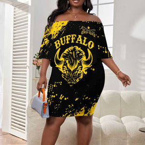 Personalized African-American Heroes Off Shoulder Short Dress Bison Buffalo Soldiers - Black Grunge Style - African Pride