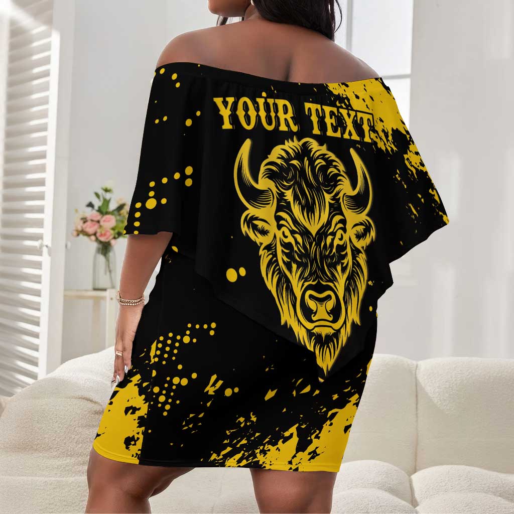 Personalized African-American Heroes Off Shoulder Short Dress Bison Buffalo Soldiers - Black Grunge Style - African Pride
