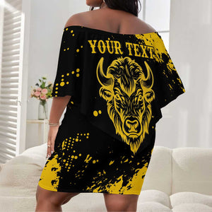 Personalized African-American Heroes Off Shoulder Short Dress Bison Buffalo Soldiers - Black Grunge Style - African Pride