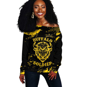 Personalized African-American Heroes Off Shoulder Sweater Bison Buffalo Soldiers - Black Grunge Style - African Pride