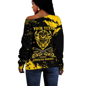 Personalized African-American Heroes Off Shoulder Sweater Bison Buffalo Soldiers - Black Grunge Style - African Pride
