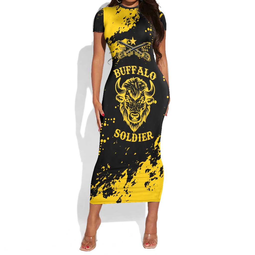 Personalized African-American Heroes Short Sleeve Bodycon Dress Bison Buffalo Soldiers - Black Grunge Style - African Pride