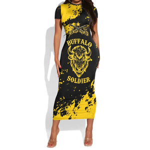 Personalized African-American Heroes Short Sleeve Bodycon Dress Bison Buffalo Soldiers - Black Grunge Style - African Pride