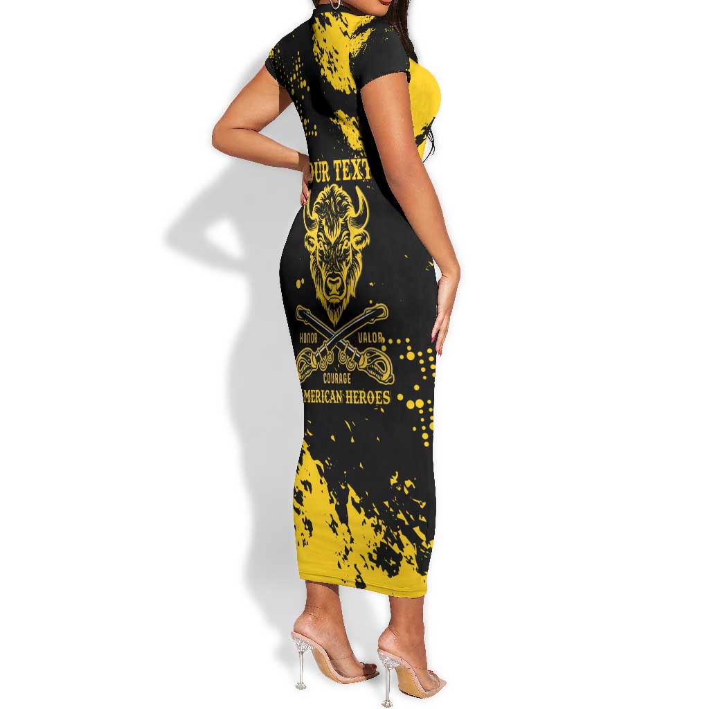 Personalized African-American Heroes Short Sleeve Bodycon Dress Bison Buffalo Soldiers - Black Grunge Style - African Pride