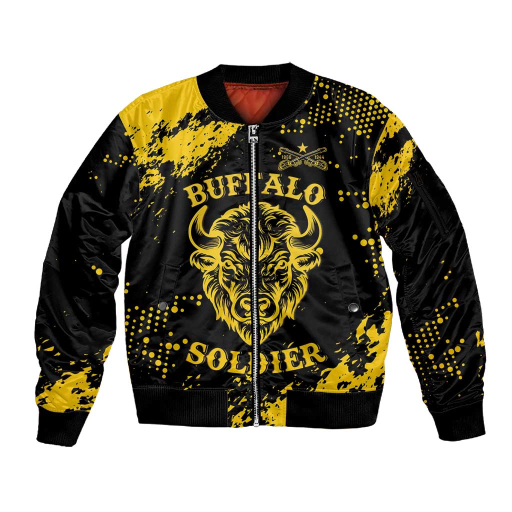 Personalized African-American Heroes Sleeve Zip Bomber Jacket Bison Buffalo Soldiers - Black Grunge Style - African Pride