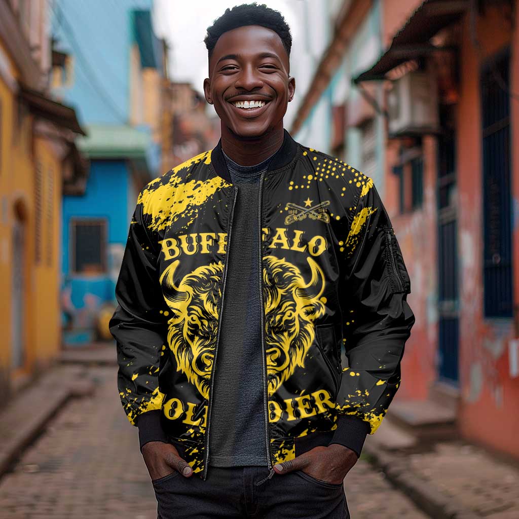Personalized African-American Heroes Sleeve Zip Bomber Jacket Bison Buffalo Soldiers - Black Grunge Style - African Pride