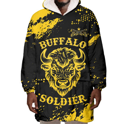 Personalized African-American Heroes Wearable Blanket Hoodie Bison Buffalo Soldiers - Black Grunge Style - African Pride