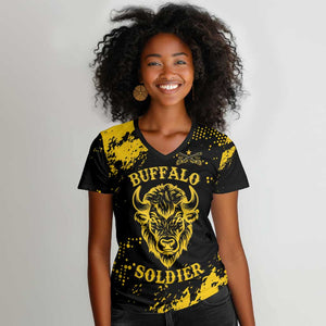 Personalized African-American Heroes Women V-Neck T-Shirt Bison Buffalo Soldiers - Black Grunge Style - African Pride