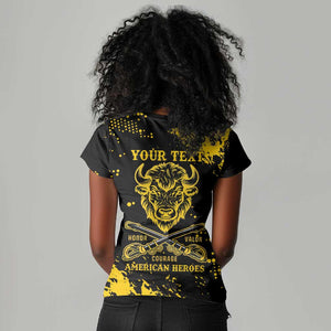 Personalized African-American Heroes Women V-Neck T-Shirt Bison Buffalo Soldiers - Black Grunge Style - African Pride