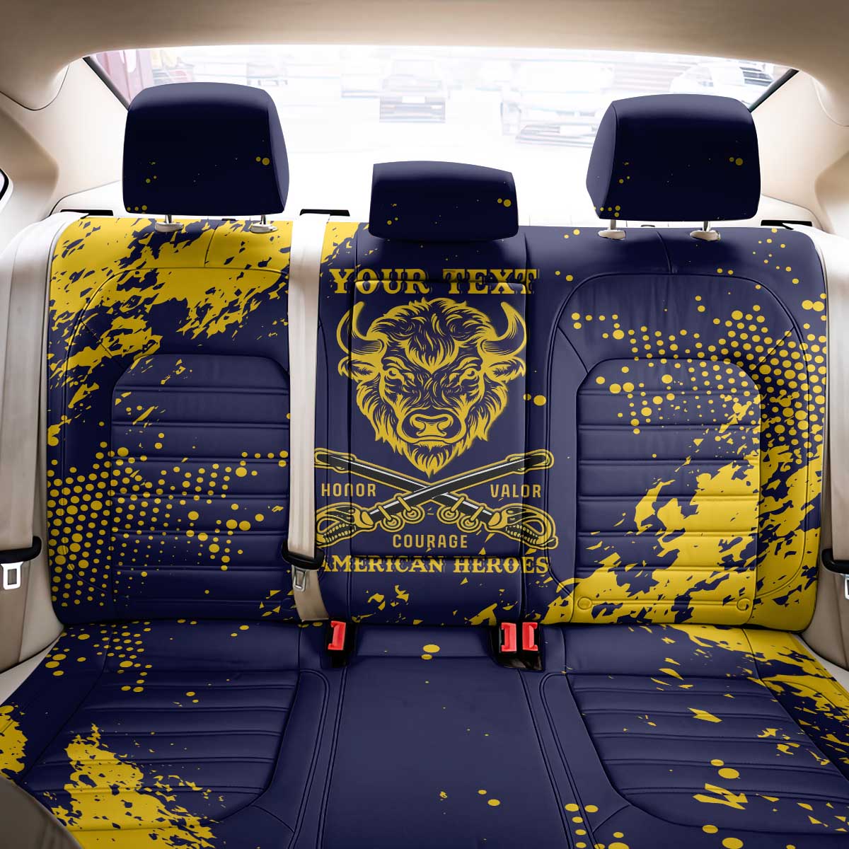 Personalized African-American Heroes Back Car Seat Cover Bison Buffalo Soldiers - Blue Grunge Style - African Pride