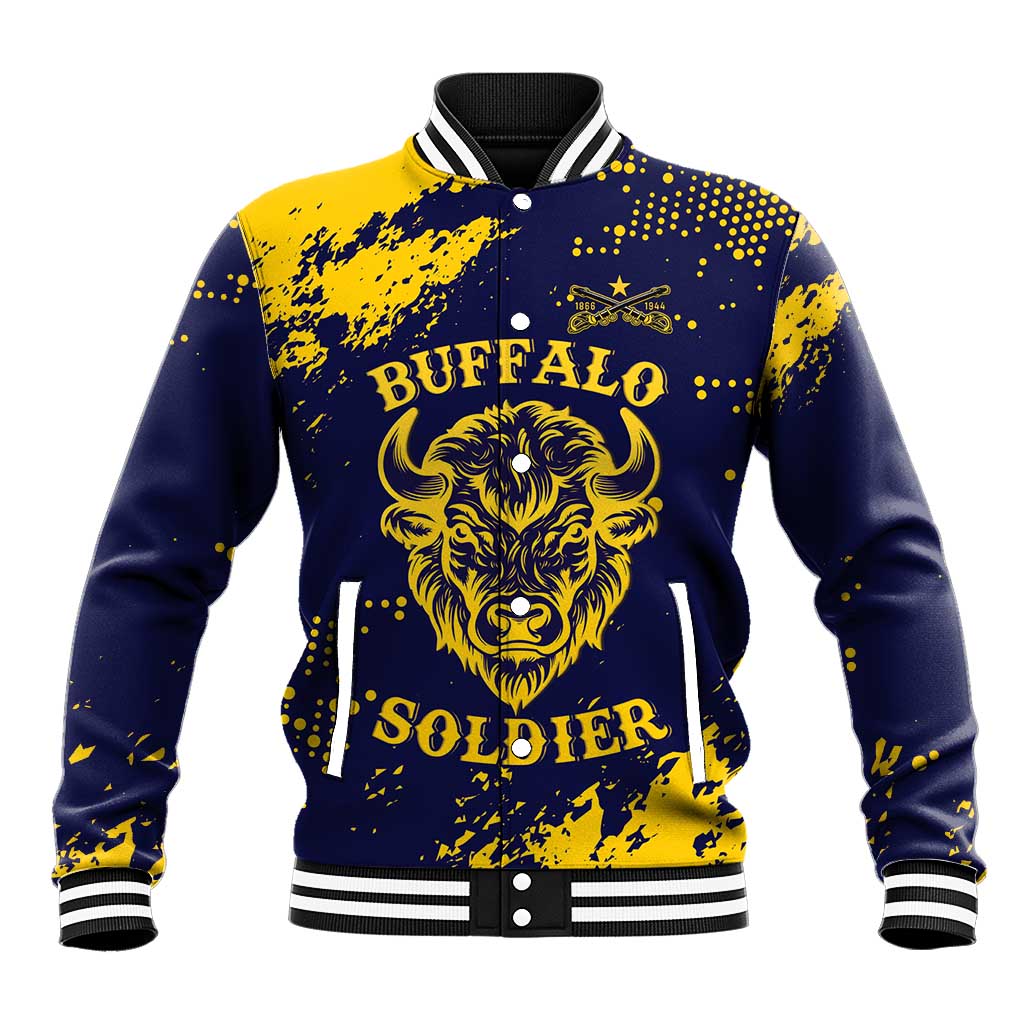 Personalized African-American Heroes Baseball Jacket Bison Buffalo Soldiers - Blue Grunge Style - African Pride