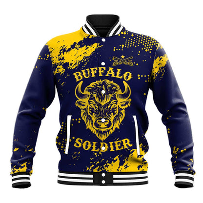 Personalized African-American Heroes Baseball Jacket Bison Buffalo Soldiers - Blue Grunge Style - African Pride