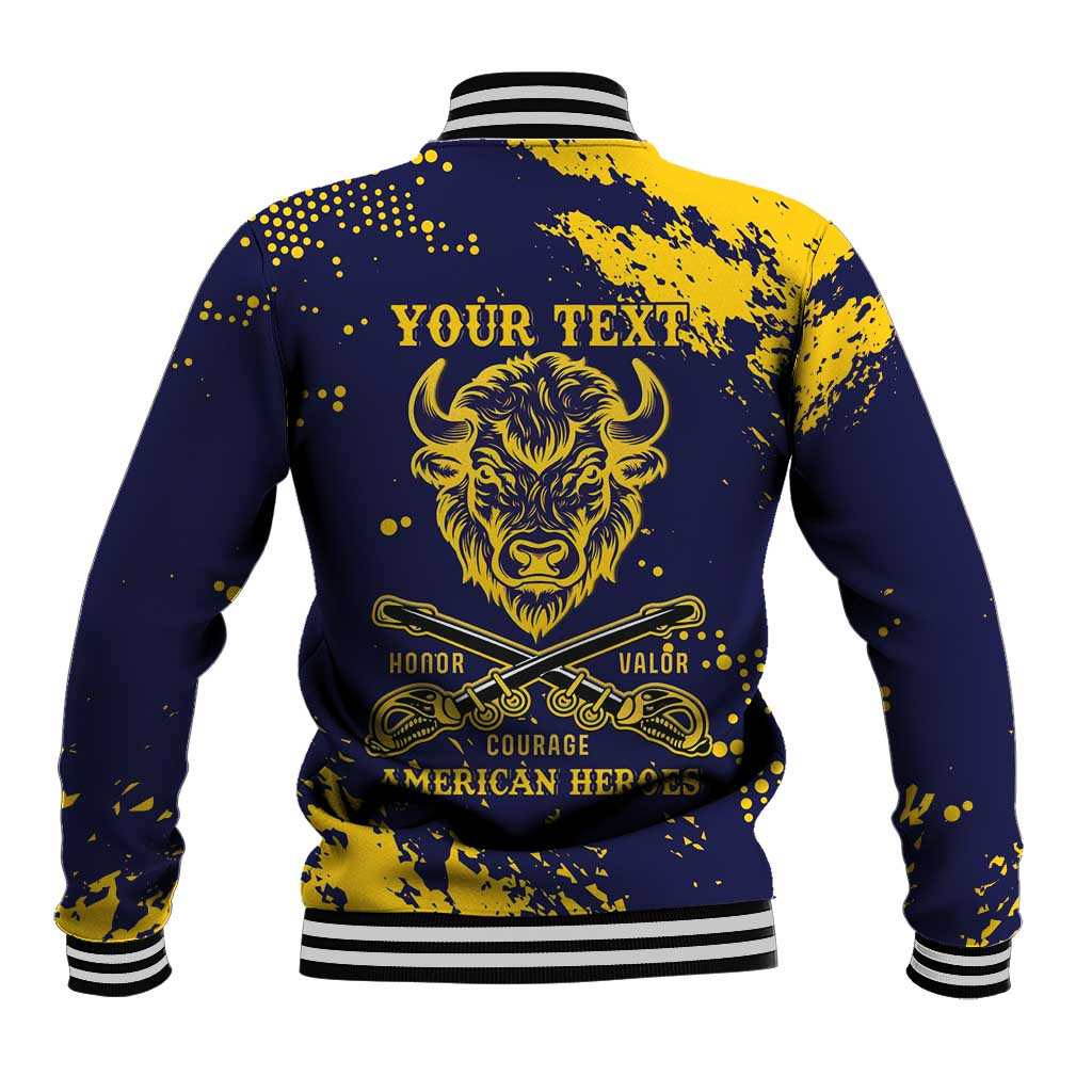 Personalized African-American Heroes Baseball Jacket Bison Buffalo Soldiers - Blue Grunge Style - African Pride
