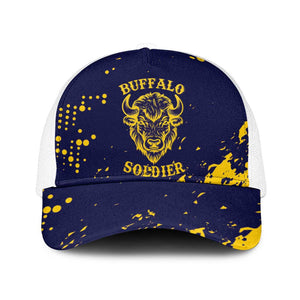 Personalized African-American Heroes Baseball Net Cap Bison Buffalo Soldiers - Blue Grunge Style - African Pride