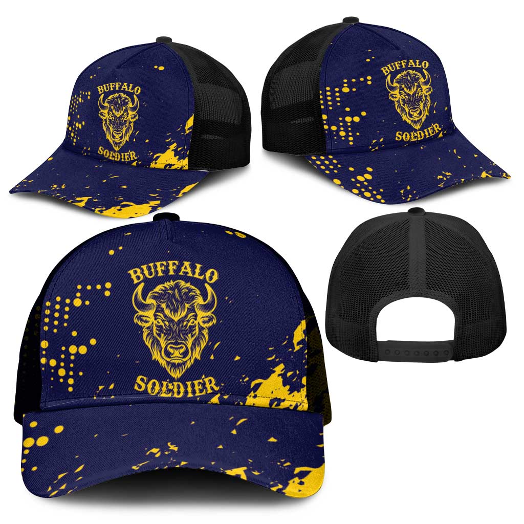 Personalized African-American Heroes Baseball Net Cap Bison Buffalo Soldiers - Blue Grunge Style - African Pride
