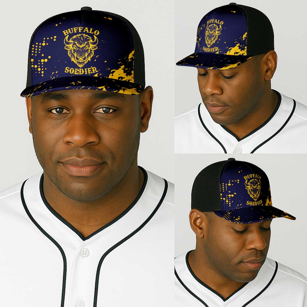 Personalized African-American Heroes Baseball Net Cap Bison Buffalo Soldiers - Blue Grunge Style - African Pride