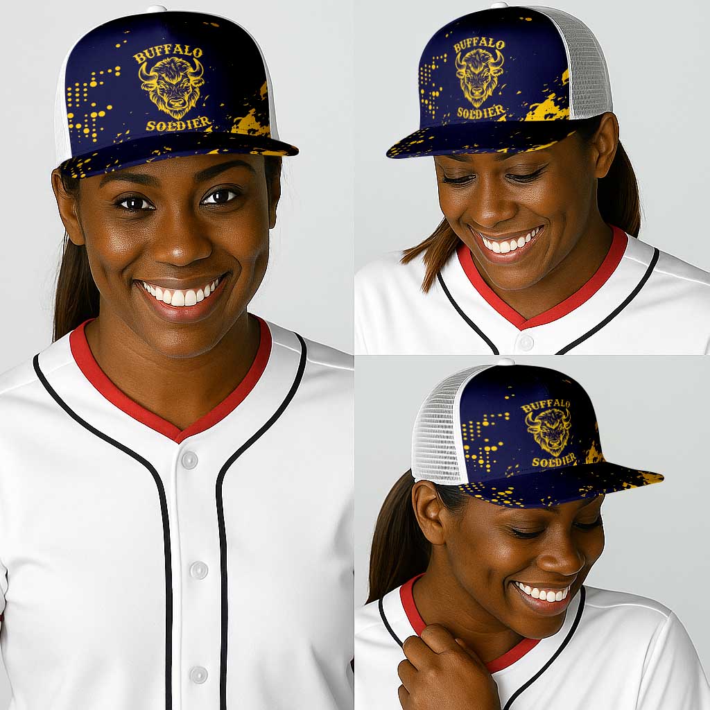 Personalized African-American Heroes Baseball Net Cap Bison Buffalo Soldiers - Blue Grunge Style - African Pride
