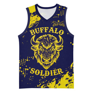 Personalized African-American Heroes Basketball Jersey Bison Buffalo Soldiers - Blue Grunge Style - African Pride