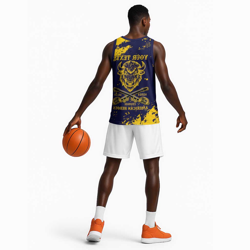 Personalized African-American Heroes Basketball Jersey Bison Buffalo Soldiers - Blue Grunge Style - African Pride