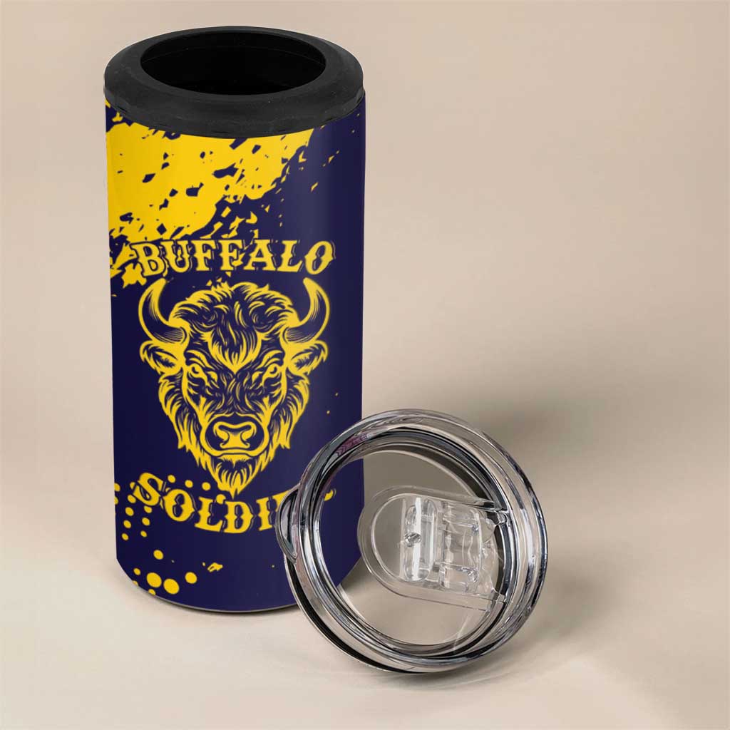 Personalized African-American Heroes 4 in 1 Can Cooler Tumbler Bison Buffalo Soldiers - Blue Grunge Style - African Pride