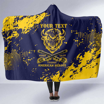 Personalized African-American Heroes Hooded Blanket Bison Buffalo Soldiers - Blue Grunge Style - African Pride
