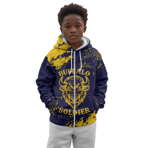 Personalized African-American Heroes Kid Hoodie Bison Buffalo Soldiers - Blue Grunge Style - African Pride